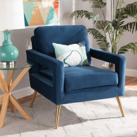 Baxton Studio TSF-6729-Navy BlueGold-CC Baxton Studio Leland Glam and Luxe Navy Blue Velvet Fabric Upholstered and Gold Finished Armchair